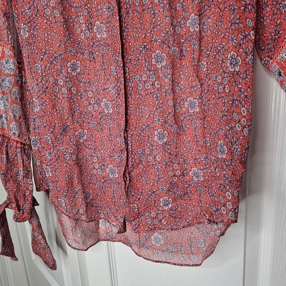Rebecca Taylor floral print sheer buttonup blouse with sleeve ties size 0 (XS). - Picture 3 of 10